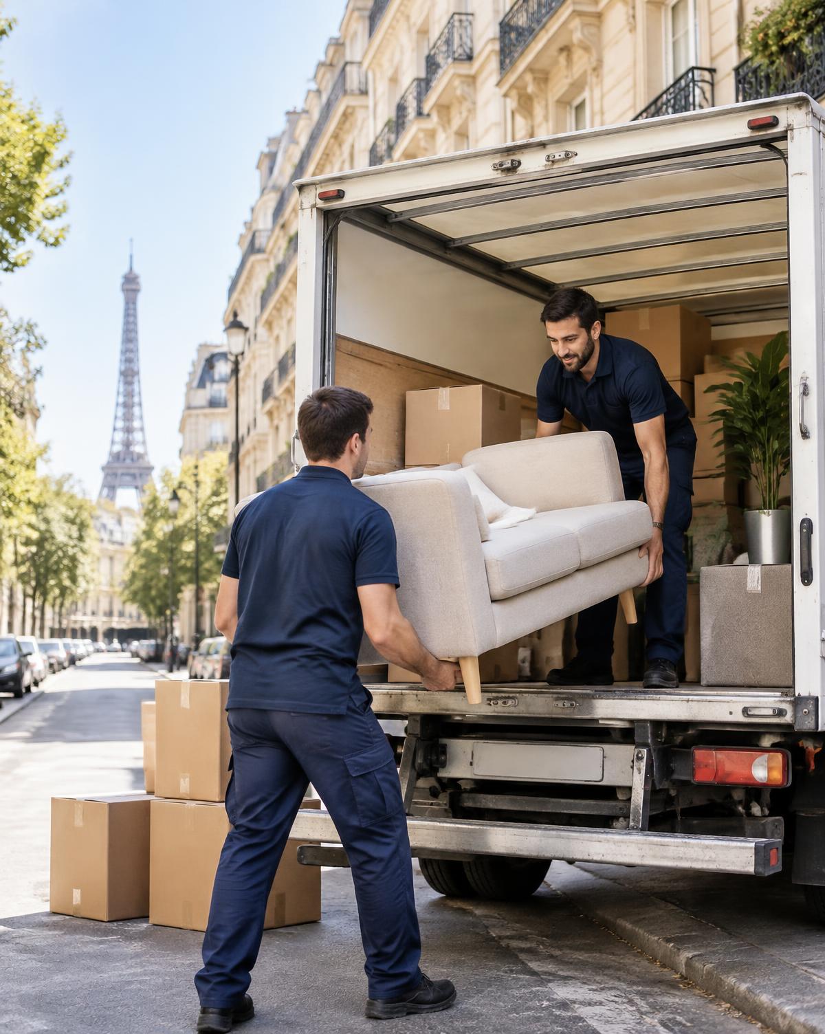 Équipe Prymago chargeant un canapé dans un camion de déménagement à Paris