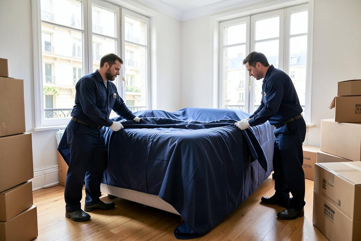 Deux déménageurs Prymago protégeant un lit avec une couverture dans un appartement parisien